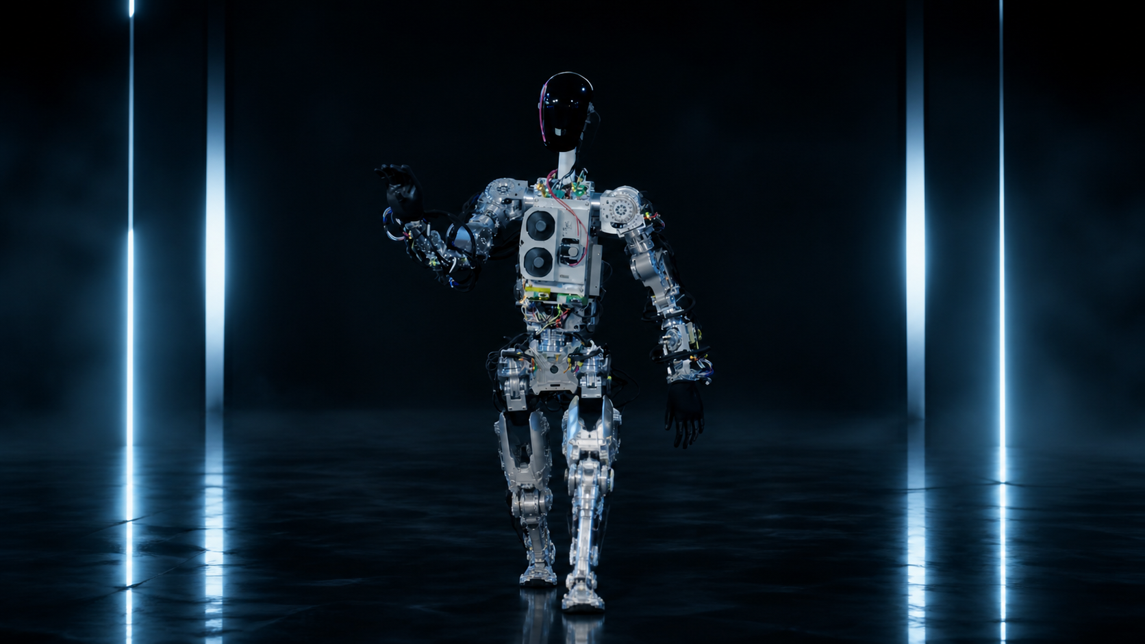 Bumble C taking a step across a dark, cyan-lit technology stage